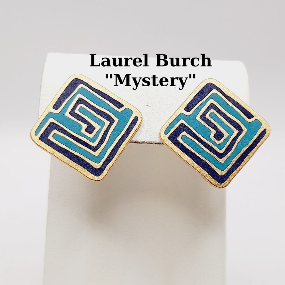 Laurel Burch “Mystery” Earrings – Vintage Enamel Geometric Post Earrings, Signed